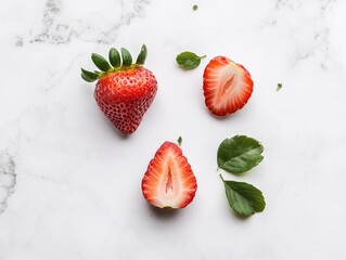 Poster - Three strawberries, two sliced, with leaves on white marble surface.