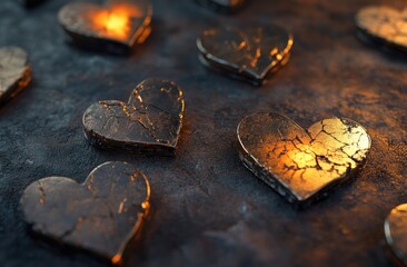 Poster - Many cracked gold hearts on dark surface.