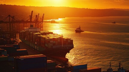 Poster - Cargo ship at port during sunset, golden light over water.