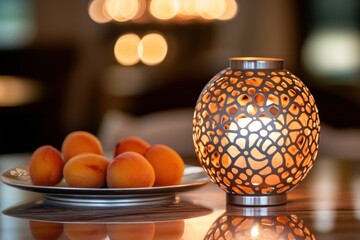 Poster - Warm glowing lantern, peaches, decorative plate on wooden table, bokeh background.