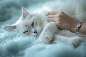 Wall Mural - Fluffy white cat being pet on blue furry rug.