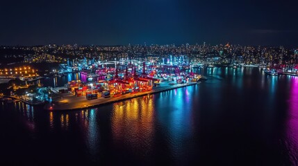 Poster - Lit port with container cranes at night, with city lights backdrop.