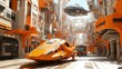© Olena Roze - Futuristic City Street with Orange Buildings, Spaceship Above, Concept Art Sci-Fi Illustration. AI generated illustration