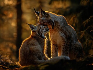 Poster - Two lynxes cuddle in golden sunset light, forest background.