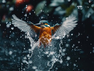 Aufkleber - Kingfisher splashes in water with outstretched wings.