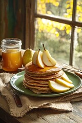 Poster - Stacked pancakes with pears and syrup next to window.