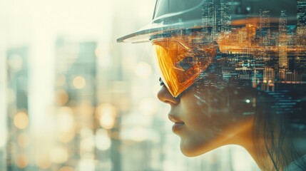 Aufkleber - Profile of a person in safety gear with goggles set against an abstract cityscape background highlighting urban development. Generative AI