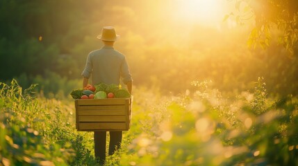 Poster - Farmer carries fresh harvest, backlit by golden sunset.