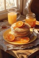 Poster - Pancakes topped with oranges and honey with juice and wooden table.