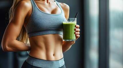 Poster - Dynamic image of a healthy lifestyle featuring dumbbells a protein shake and a green smoothie Stock Photo with side copy space