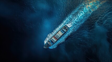 Poster - Cargo ship moving through dark blue water.