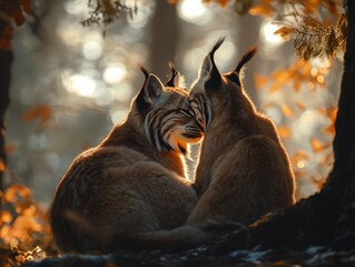 Poster - Two lynxes cuddling in autumn forest, sunlight through leaves.