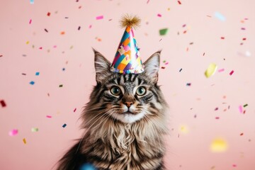 Poster - Cat with party hat under falling confetti.