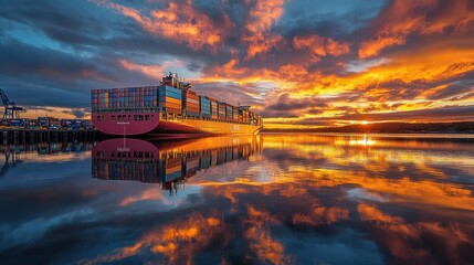 Poster - Cargo ship at dawn reflecting on calm water.