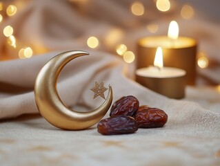 Aufkleber - Gold crescent moon, star, dates, candles, soft fabric, light bokeh background.