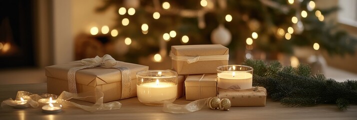 Poster - Gift boxes and candles arranged beautifully for a cozy winter celebration by the festive tree. Generative AI