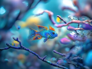 Aufkleber - Colorful fish swims amongst blue coral reef.