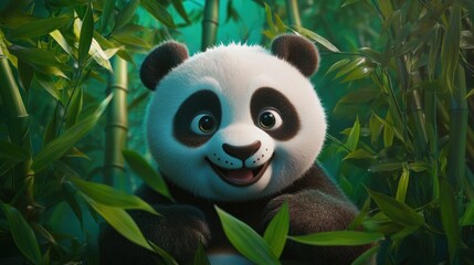 Aufkleber - Smiling panda nestled within bamboo grove.