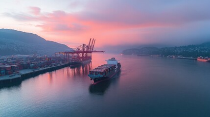 Poster - Cargo ship docks during sunrise with containers.