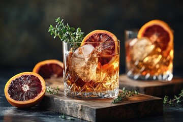 Poster - Two old fashioned cocktails with blood orange and thyme on wooden boards.