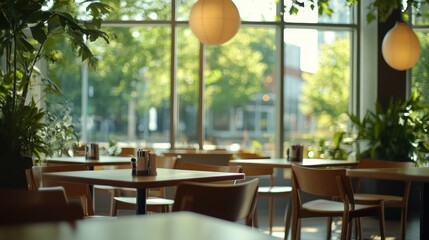 Aufkleber - Restaurant interior with tables, chairs, plants, lights, and window view.