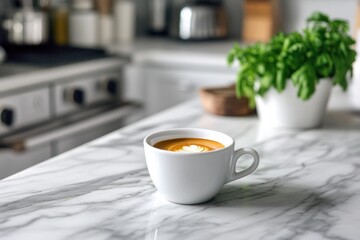 Poster - Latte in a white mug on marble kitchen counter.