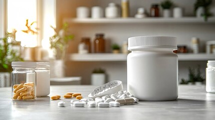 Poster - Close-up of an open protein supplement container next to a measuring scoop on a counter Stock Photo with side copy space