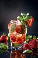 Poster - Strawberry and basil drink on dark surface.