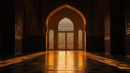 Poster - Arched window with light casting golden floor patterns.