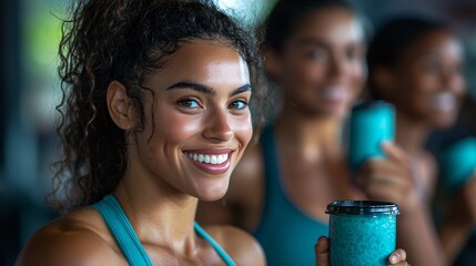 Poster - Group fitness class participants enjoying post-workout protein snacks together in a friendly gym environment Stock Photo with side copy space