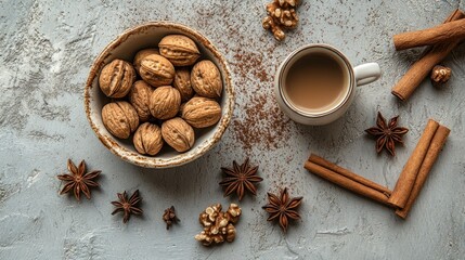 Aufkleber - Walnuts, coffee, cinnamon sticks and anise on gray textured background.