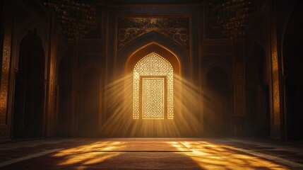 Leinwandbilder - Light streams through ornate window in an empty, dark room.