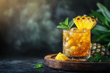 Poster - Dark cocktail with pineapple and mint garnish, rustic wooden base, moody lighting.