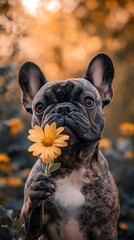 Poster - Brindle french bulldog holding yellow flower outdoors.