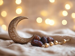 Aufkleber - Crescent moon, dates, golden chain on beige cloth with bokeh lights.
