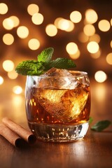 Poster - Alcoholic drink with ice, mint, cinnamon, golden blurred bokeh.