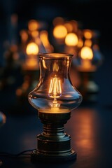 Poster - Vintage lamps with warm, glowing light on a dark surface.
