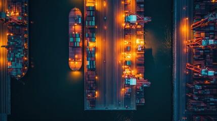 Poster - Cargo ships and cranes in a port at night, overhead view.