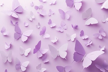 Poster - Purple paper butterflies flying on soft pink backdrop.