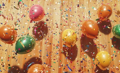Aufkleber - Colorful balloons and confetti scatter on a wooden floor.