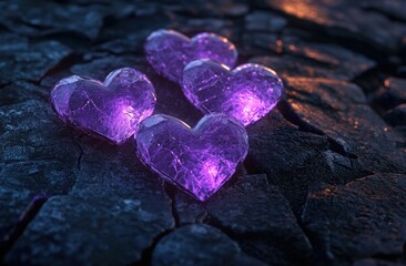 Poster - Four purple heart crystals on dark rocky ground.