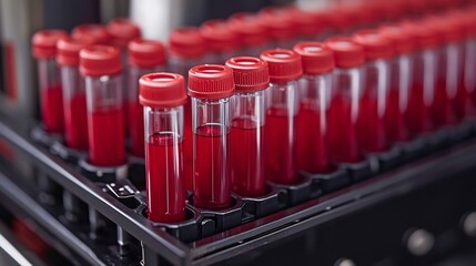 Poster - Laboratory technician working with advanced automated equipment to process diagnostic blood samples Stock Photo with side copy space