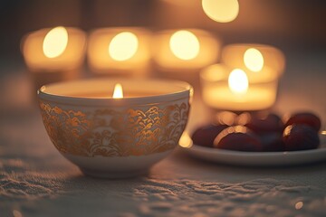Poster - Candles and dates on table.