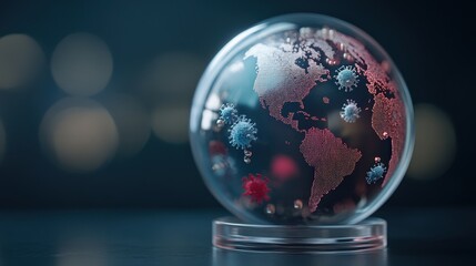 Poster - Global Pandemic Concept with Earth in Sphere Reflecting Virus Cells, demonstrating Health Crisis and Impact on Humanity in Artistic Representation