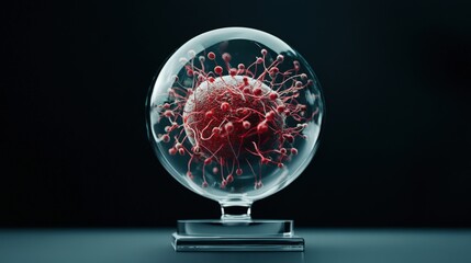 Poster - Abstract representation of a virus encapsulated in a glass sphere, illustrating the concept of infectious diseases and advanced scientific research in a modern setting.
