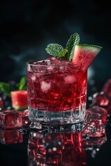 Poster - Red watermelon drink with ice and mint garnish.