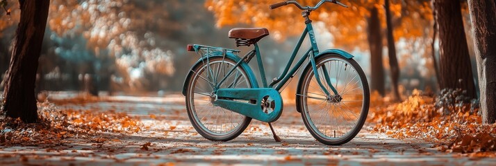 Wall Mural - Teal bicycle parked on autumn leaves path.