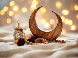 Aufkleber - Ramadan themed decoration with moon, lantern, figs, and beads on beige fabric.