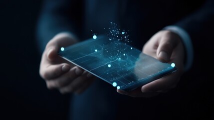 Poster - Business Professional Holding Tablet with Data Visualizations and Digital Graphs Depicting Analytics and Technology in a Modern Environment