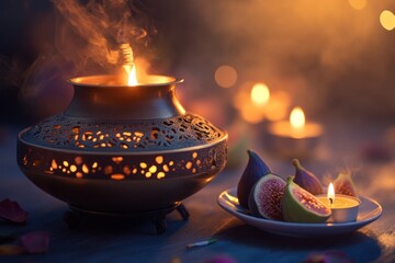 Poster - Warm glow of candles and fig plate on dark table.